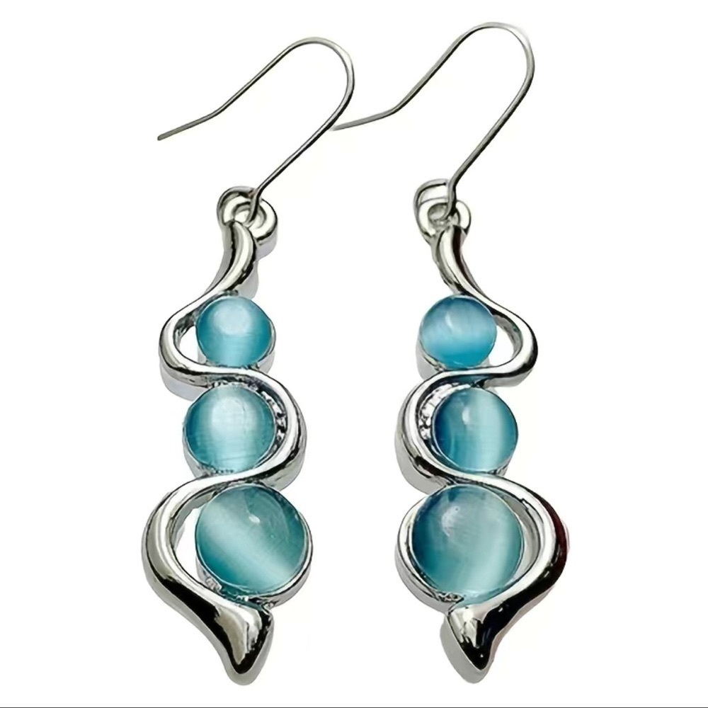 Silver & Blue Cats Eye Gemstone Dangle Drop Earrings NWT - Picture 4 of 5